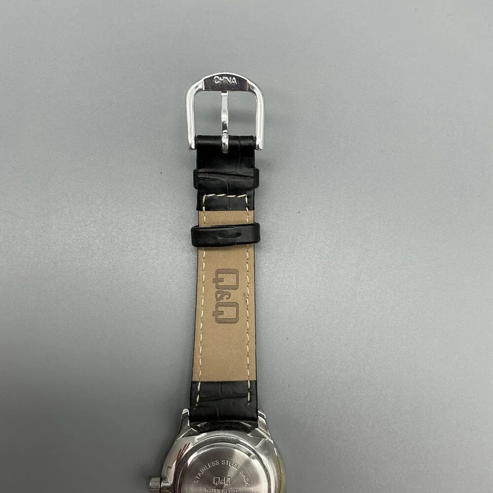 Q&Q Womens Watch 30mm Black Dial Silver Tone Black Leather Band New Battery